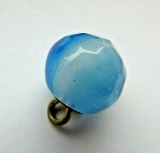 Exquisite Antique Vtg Faceted Blue Glass Ball Waistcoat Button 3/8 " (t)