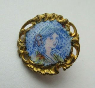 Antique Vtg French Enamel Metal Picture Button Ladies Head 5/8 " (t)