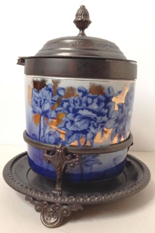 Antique Royal Doulton Burslem Arundel Canister Jar Barrell Blue Gold Peonies