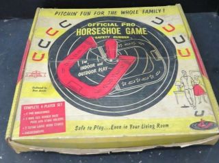 Vintage Official Safety Rubber Horseshoe Game Y85 W/ King Size Base Good Org Box