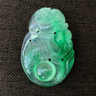 Collectible Chinese Natural Green Ice Jadeite Jade Handwork Dragon Fish Pendant