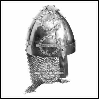 Medieval Crusader Knight Norman Viking Helmet With Fitted Chain Mail Aventail Vg
