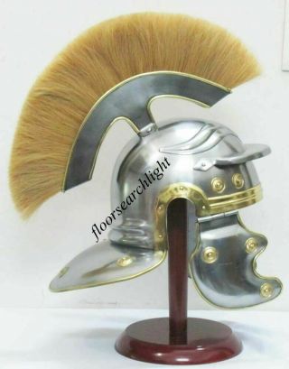 Medieval Roman Helmet Greek With Plume With Red Wooden Stand Silver Finish