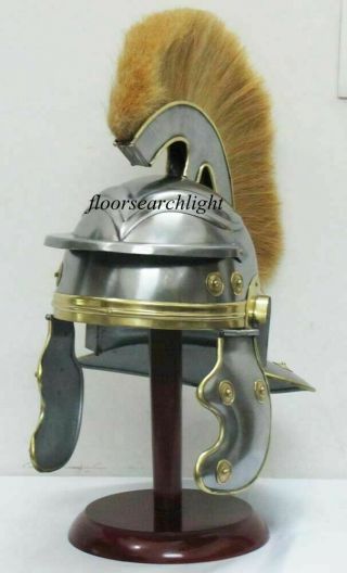 Medieval ROMAN Helmet Greek With Plume With Red Wooden Stand Silver Finish 3