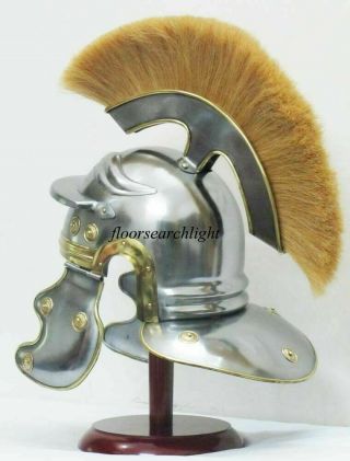 Medieval ROMAN Helmet Greek With Plume With Red Wooden Stand Silver Finish 4