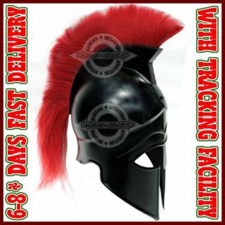 Greek Corinthian Helmet With Red Plume,  Armor Sca Medieval Knight Spartan Helm