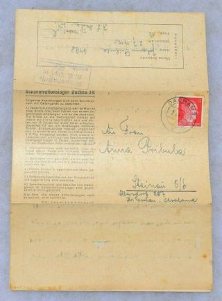 German Wwii 1943 Dachau Concentration Camp Lager Letter Ww2 Holocaust