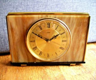 Vintage Metamec Faux Marble And Brass Mantel Clock With Quartz Mechanism And Key