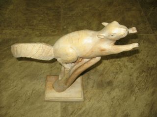 Handmade Wood Carving Of Squirrel Jumping,  12.  5 " On Wood Mount By John Sinn