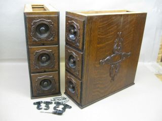 Antique Set Singer Treadle Sewing Machine Triple Oak Carved Drawers W/ Frames