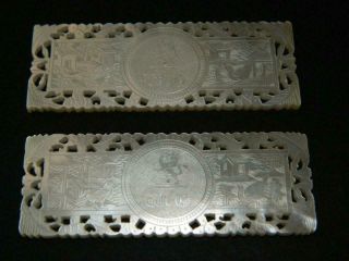 2 X Antique Chinese Carved Fretted Pierced Mother Of Pearl Monogram Gaming Chips