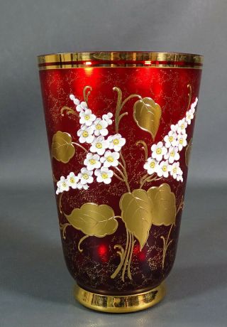 Gorgeous Antique Bohemian Moser Ruby Red Glass 24k Gold Enamel Flowers Vase Urn