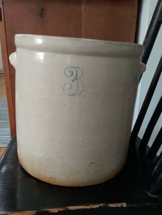 Antique 3 Gallon Stoneware Crock With Handles And Cobalt Blue Lettering