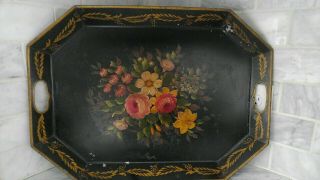 Vintage Handled Tray Art Tole - Ware Floral Hand Painted Large Tray 22.  5 X 16.  5