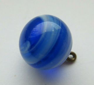 Marvelous Antique Vtg Cobalt Blue Glass Waistcoat Button White Swirls 1/2 " (t)