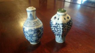 Two Antique Vintage Chinese Blue White Snuff Bottles Fish Marked