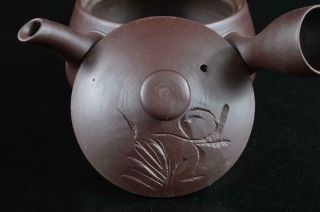 S5084: Japanese Banko - ware Brown pottery Flower sculpture TEAPOT Kyusu Sencha 5