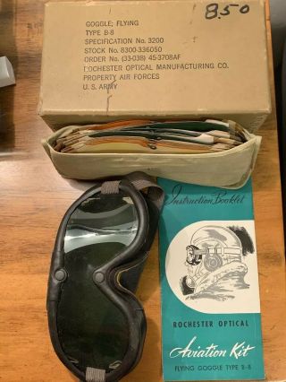 Vintage Wwii Us Army Air Forces B - 8 Flying Goggles,  Box,  Lenses,  & Paperwork