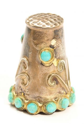Vintage Mexico Taxco Signed Sterling Silver Turquoise Floral Sewing Thimble 925