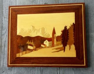 Midcentury Italian Hand Inlaid Sorrento Marquetry Wall Plaques (2) Alpine Scenes