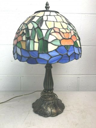 Hollywood Regency Style Vintage Stained Glass Table Lamp Flower Design