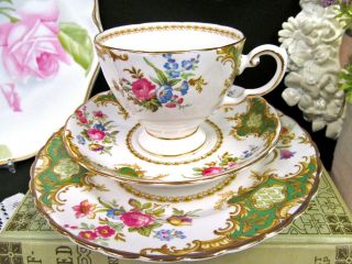 Tuscan Tea Cup And Saucer Green Rose Windsor Trio Teacup Floral Bouquet