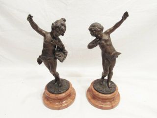Pair Vintage Bronze Cherub Figures On Marble Base,  10 "
