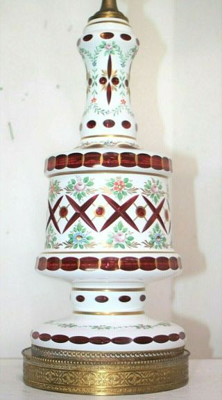 Antique Bohemian Czech,  Xl White Cut To Cranberry Glass Table Lamp W/ Brass Base