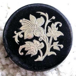 Drop - Dead Gorgeous Antique Button W/silver Floral Inlay 1 1/4 "