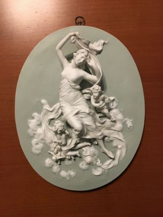 Rare Antique Volkstedt Germany Porcelain Jasperware Plaque Cherubs Goddess