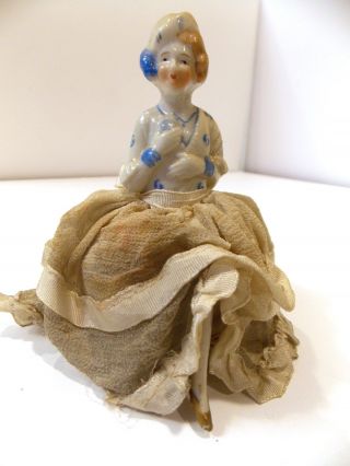 ANTIQUE PORCELAIN HALF DOLL PIN CUSHION WITH LEGS VERY OLD MADE IN JAPAN 4
