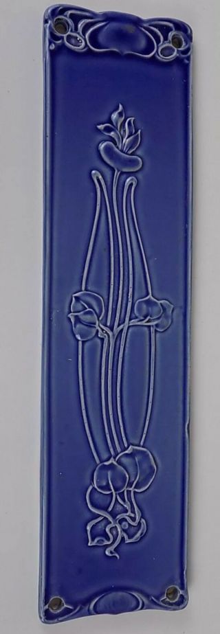 Blue Art Nouveau Style Finger Push Plate Door Plaque Ceramic Pottery Vintage