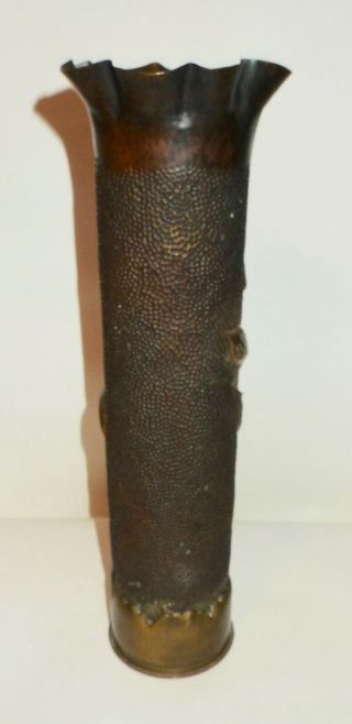 WWI 1914 Trench Art Hammered 75mm Artillery Shell Vase Floral/Lily Flower 5