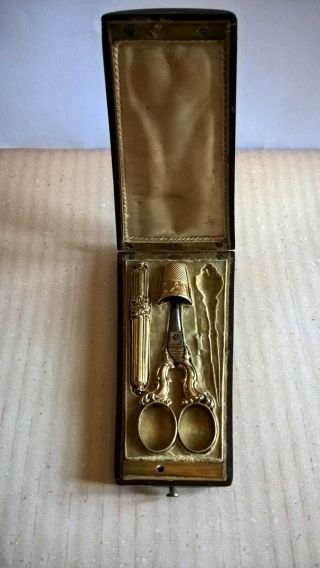 Antique French Gold 18K Sewing Set Needles Case Thimble Scissors 2