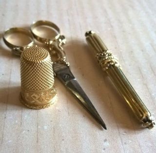 Antique French Gold 18K Sewing Set Needles Case Thimble Scissors 4