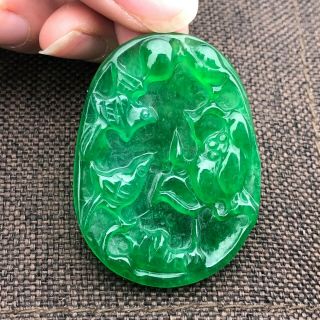 Collectible Chinese Natural Green Jadeite Jade Lotus & Birds Handwork Pendant