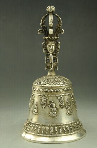 China Old Copper Plating Silver Buddhism Head Kwan - Yin Buddha Bell Handbell D02