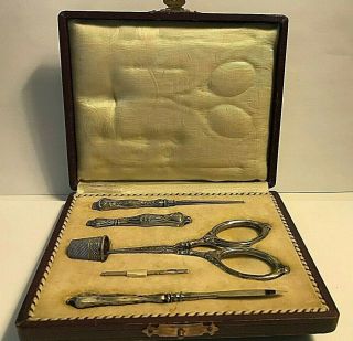 Antique Art Nouveau Sterling Silver Embroidery Sewing Tools Etui 410