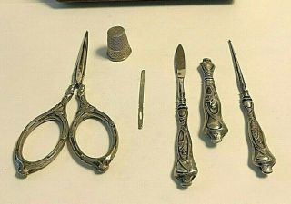 Antique Art Nouveau Sterling Silver Embroidery Sewing Tools Etui 410 4