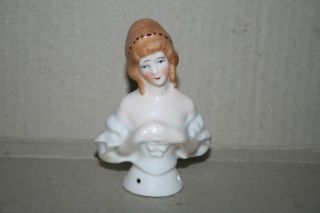 Antique Sewing Half Doll Porcelain Pin Cushion Stylish Lady Germany 6612