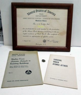 Wwii Manhattan Project A Bomb Group - Brass Pin,  Certificate Appreciation.  More