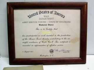 WWII MANHATTAN PROJECT A BOMB Group - Brass Pin,  Certificate Appreciation.  More 2