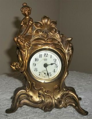 Antique Art Noveau Gilt Mantel Clock Girl Sitting Bridgeport,  Conn.  Jennings Bros