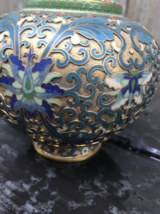 Antique Chinese Brass Cloisonne Champleve Enamel Vase 7 