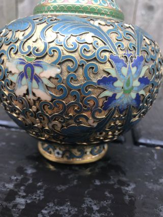 Antique Chinese Brass Cloisonne Champleve Enamel Vase 7 