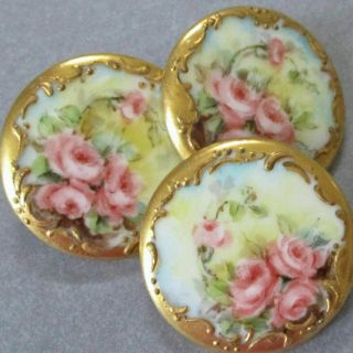 3 Antique Hand Painted Limoges Porcelain Button Studs Pink Roses Gilt Paste Trim