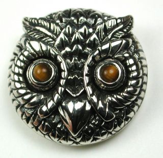Hand Crafted 925 Sterling Button Detailed Owl Face W/ Tiger Eye Eyes - 13/16 "