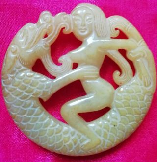Chinese Jade Culture Old Jade Hand Carving Dragon With Peri Lucky Pendant