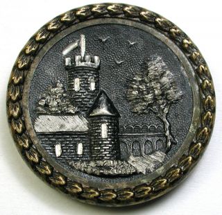 Lg Sz Antique Bright Cut Pewter & Brass Button Detailed Castle Scene - 1 & 5/16 "