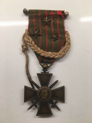 Rare 1914 - 1915 French Croix De Guerre War Cross With 3 Stars,  Fourragere